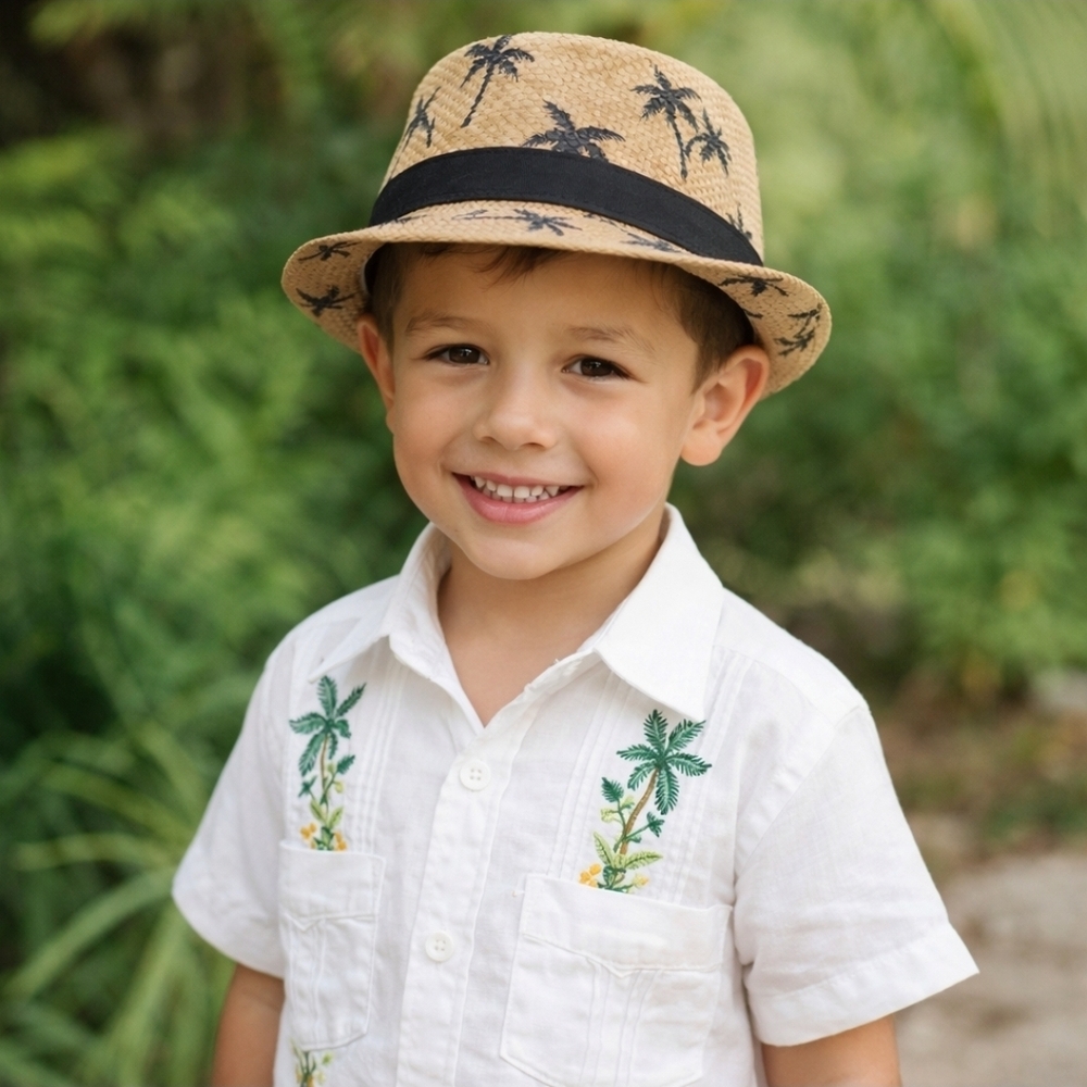 Youth Straw Fedora Hat Palm Tree Print Black Band Summer Beach